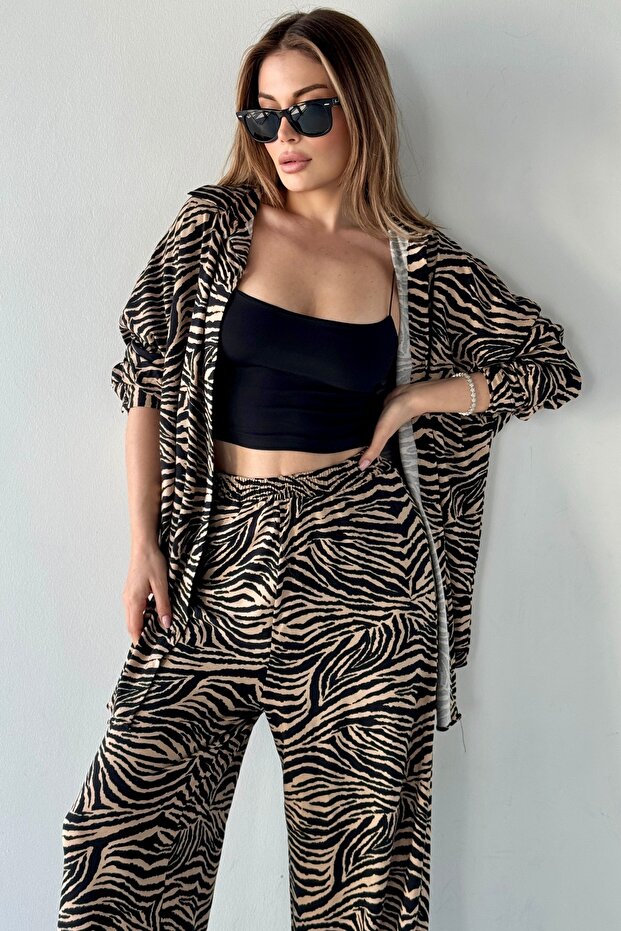 Zebra Patterned Shirt Trousers Double Set - 2