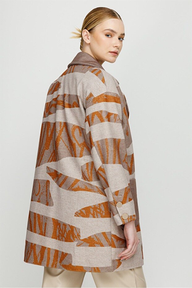 Baskılı Keçe Kumaşa Oversize Kaban Vizon - 4