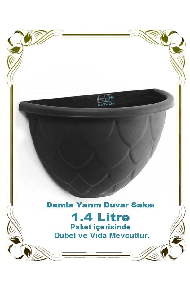 Damla Yarım Duvar Saksı 1.4 Litre Antrasit 1 Adet, Dekoratif Balkon Saksısı - 1