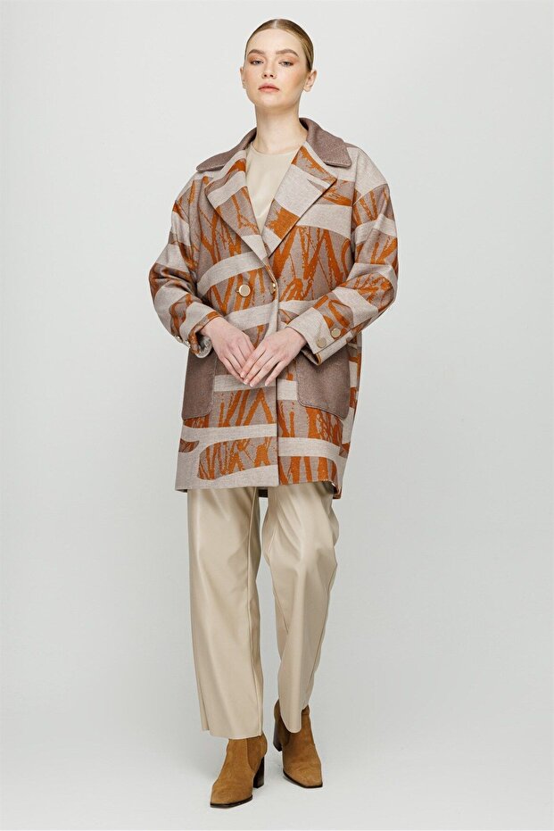 Baskılı Keçe Kumaşa Oversize Kaban Vizon - 2