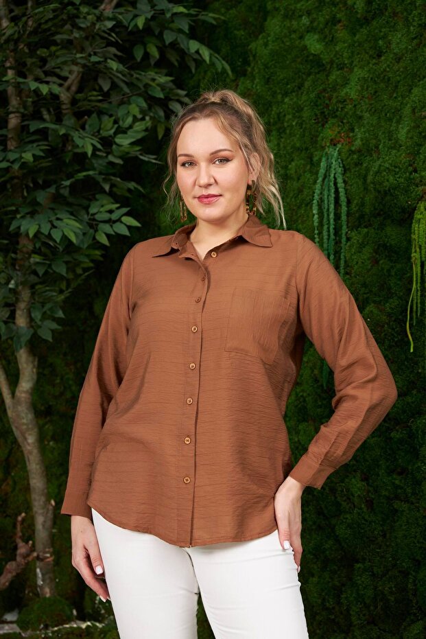 Large Size Brown Corduroy Shirt with Pocket Detail