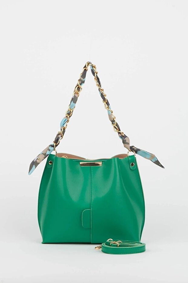 Women's Scarf and Chain Accessory Soft Leather 3 Compartment Hand and Shoulder Bag