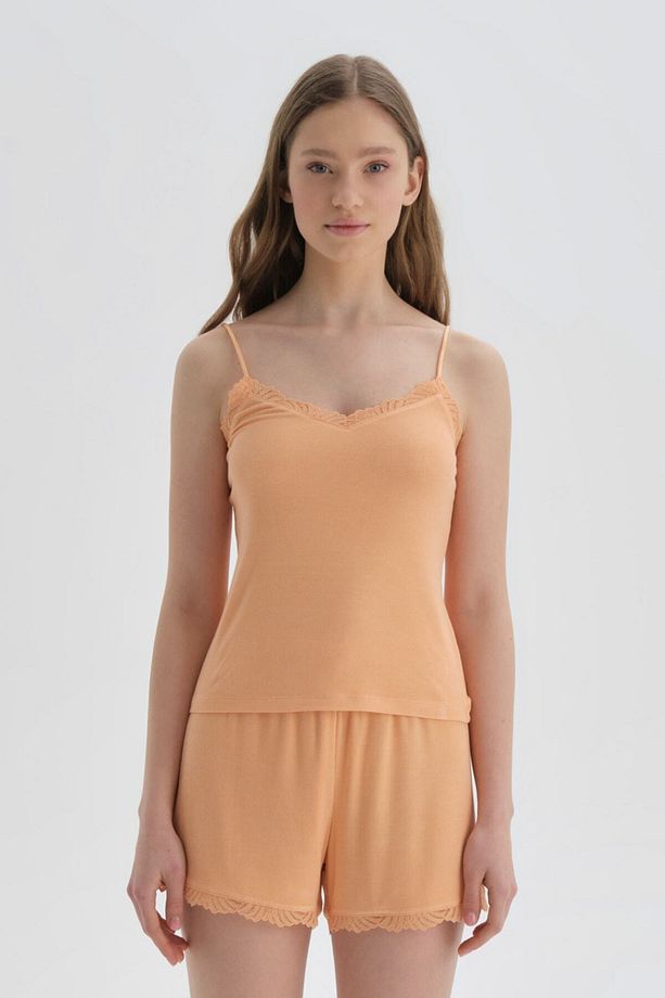 Turuncu Askılı Viskon Atlet Pijama Üstü - 4