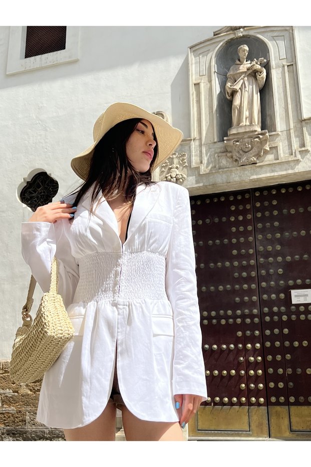 White Women's Blazer Jacket with Corset Detail - Anne Boleyn