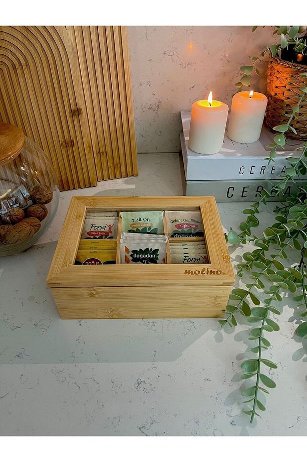 Bambu 6 Bölmeli Poşet Çay Kutusu Organizer Şeffaf Kapak 24x16x7 Cm - 2