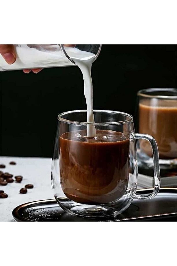 Çift Camlı Çift Cidarlı Cam Kupa Ev Ofis Fincanı 250 ml Çift Katlı Isı Yalıtımlı Kulplu Cam Bardak - 2