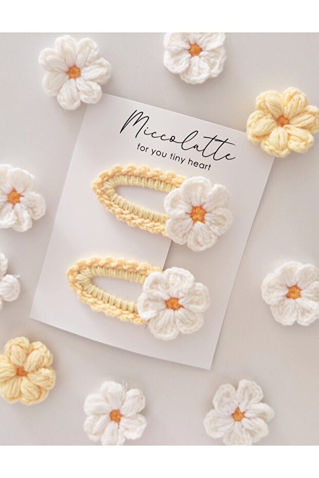 Girl's Daisy Figured Hand-Knitted Snap Buckle Set of 2 Yellow (4 Years and over Buckle Size 7cm)