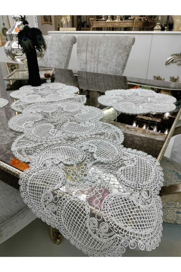 American Service Design Plate and Runner Kitchen Set for 6 People Nehir Table Presentation Set Dowry Box Cream
