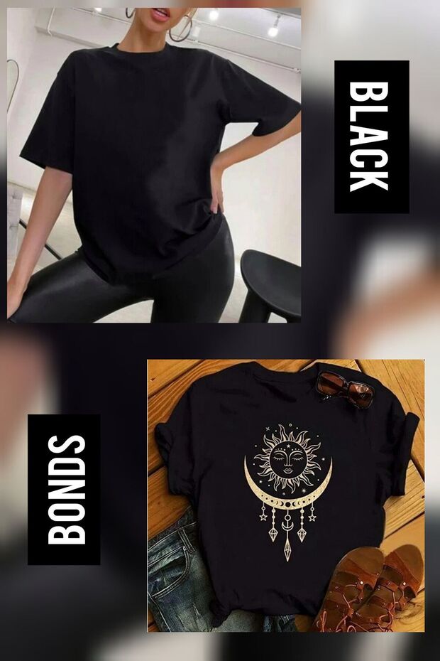 Yellow Moon Set of 2 Oversize Printed T-Shirt Basic Oversize Black T-Shirt