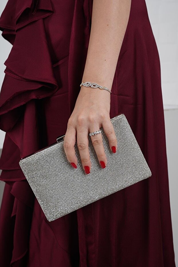 Silver Satin White Stone Evening Dress Thin Model Women's Bag