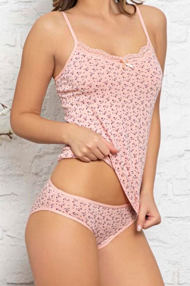 Yavruağzı Floral Patterned Top Lace Rope Strap Underwear Set