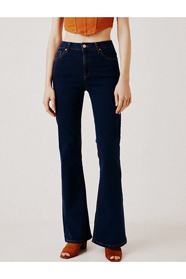 Navy Blue High Waist Lycra Flared Leg Flare Fit Jeans