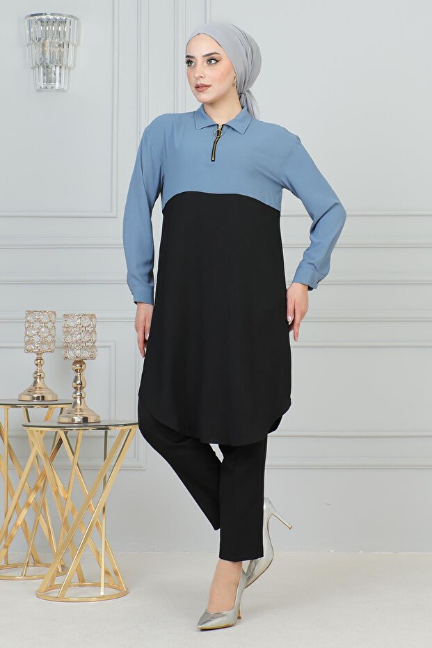 Zipper Detailed Tunic Ice Blue 6098