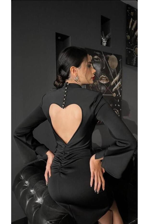 Siyah Sırt Dekolteli İspanyol Kol Mini Elbise - 4