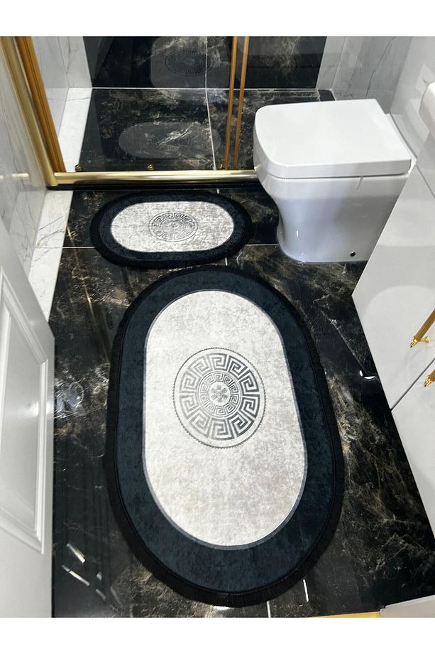 Kaymaz Taban Makinede Yıkanabilir Siyah Saçaklı Banyo Takımı Paspas Seti - 5