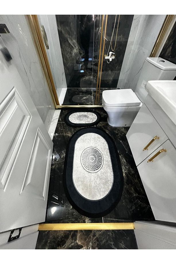 Kaymaz Taban Makinede Yıkanabilir Siyah Saçaklı Banyo Takımı Paspas Seti - 1