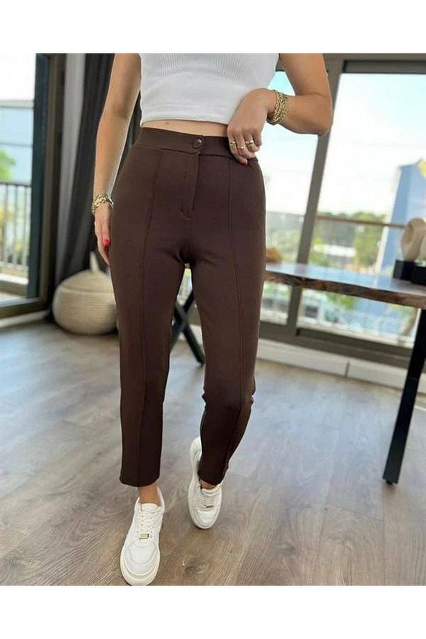 Kahve Krep Kumaş Model Önü Arkalı Cimalı Likralı Dar Paça Pantolon - 2