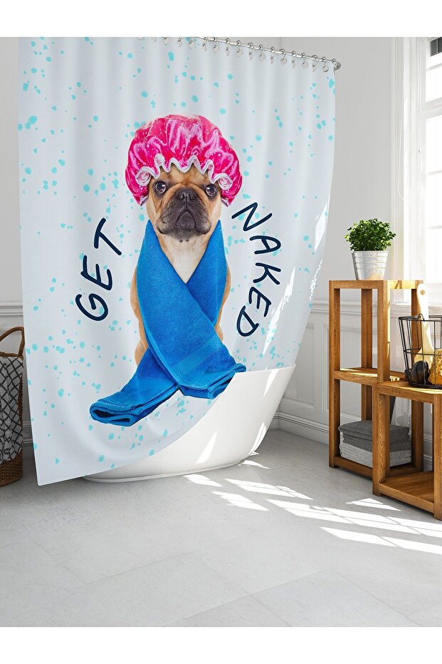 Cute Dog Patterned Digital Printed Bathroom Curtain - Single Wing C Ring, 180x200 Cm