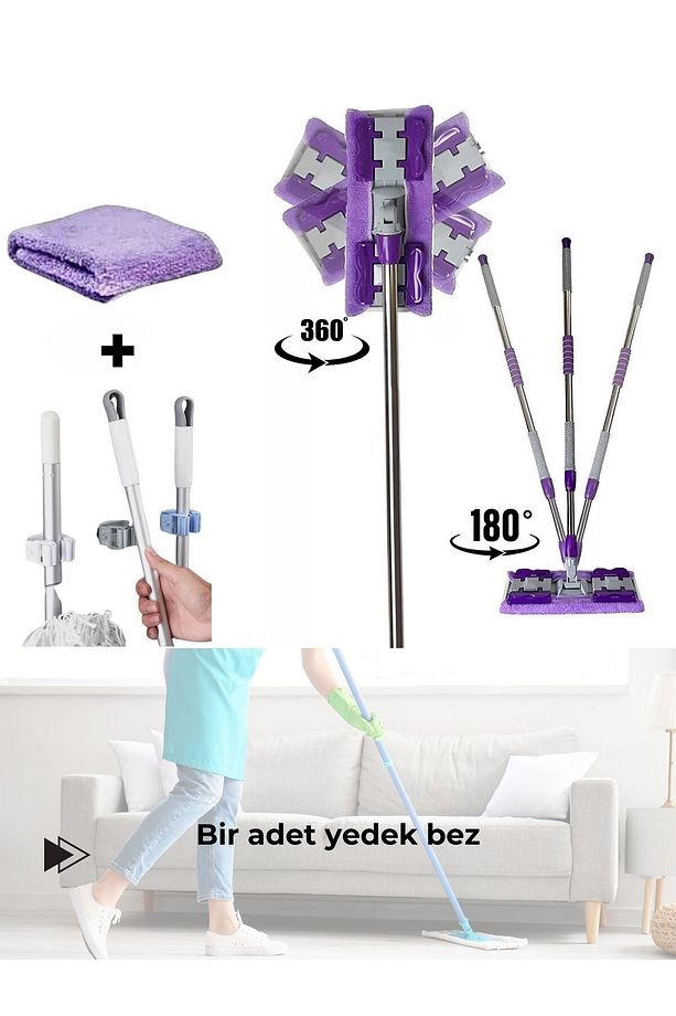 Mandallı Mop Islak Havlu Uyumlu Teleskopik Ayarlanabilir Saplı Mop 1 Yedek Bez - 3