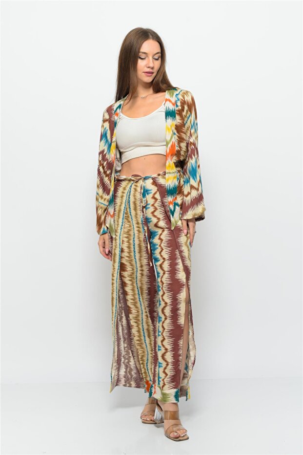 بنطلون صوفية منقوش بنمط موجة بني-فيروزي - 1