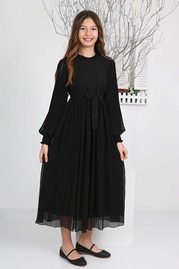 Kız Çocuk Uzun Boydan Astarlı Pliseli Şifon Tesettür Elbise - 7