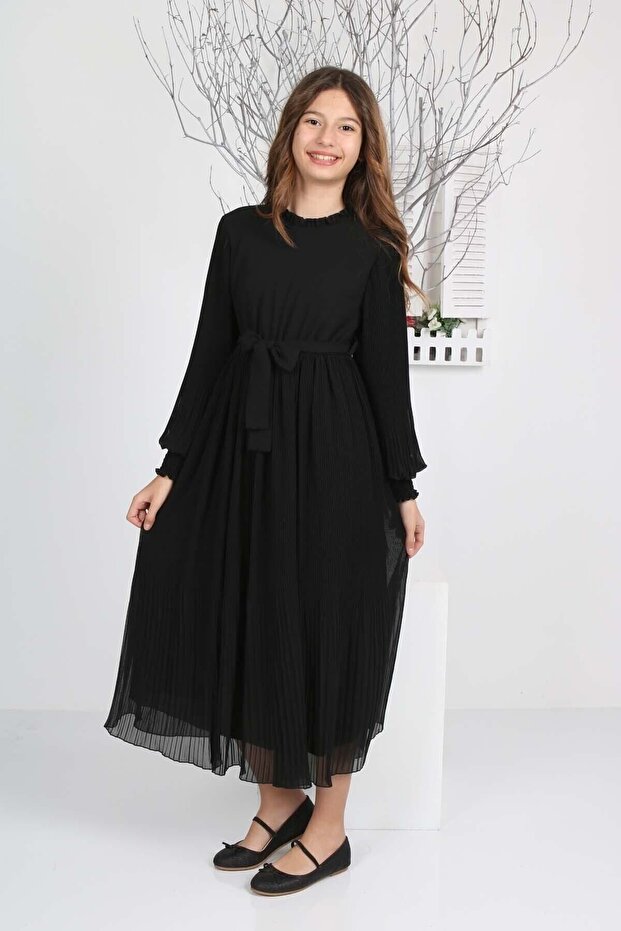 Kız Çocuk Uzun Boydan Astarlı Pliseli Şifon Tesettür Elbise - 4