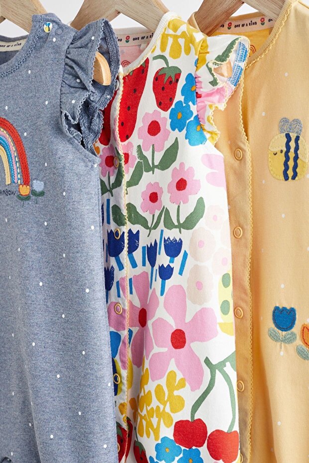 % 100 Pamuklu Mavi Sarı Gökkuşağı Desenli 3’lü Romper Set - 3