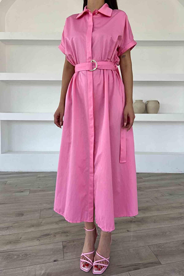 Pembe Kemer Detaylı Gömlek Elbise - 4