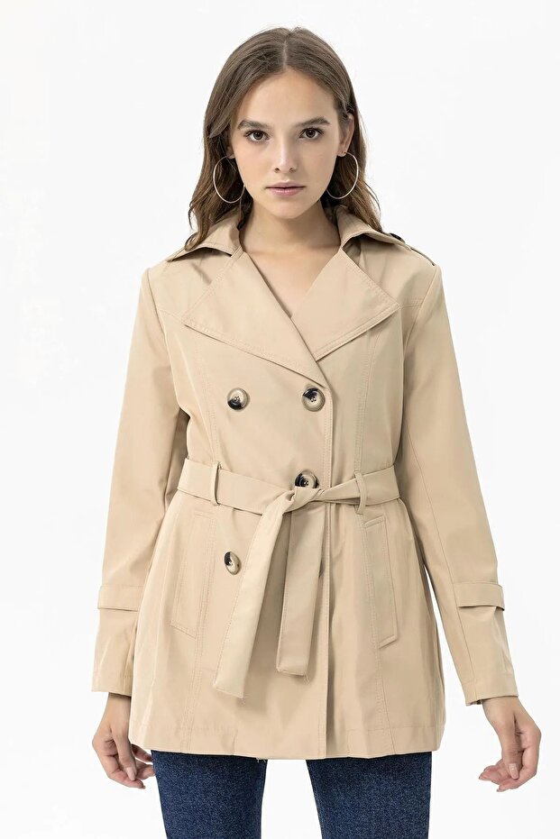Button Closure Belted Trench Coat - 3