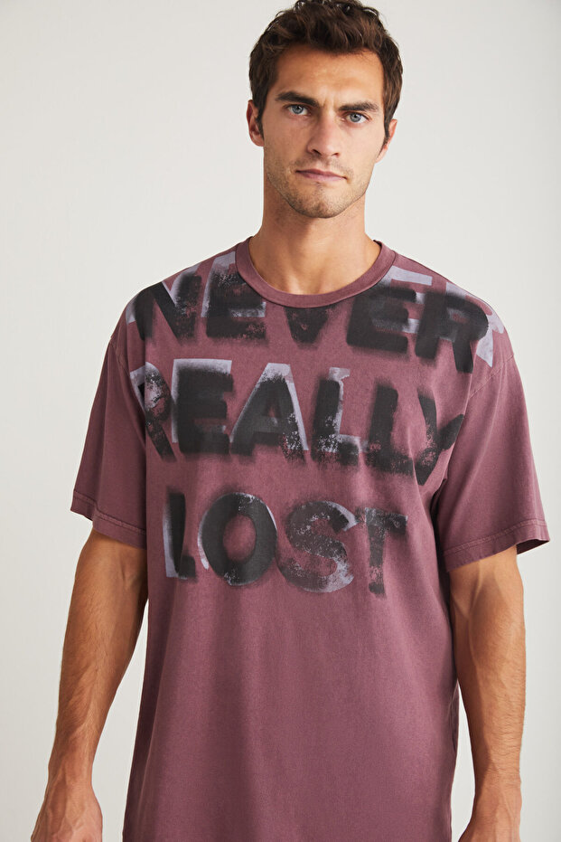 Luther Men's Crew Neck 100% Cotton Washed Purple T-shirt with Print Detail