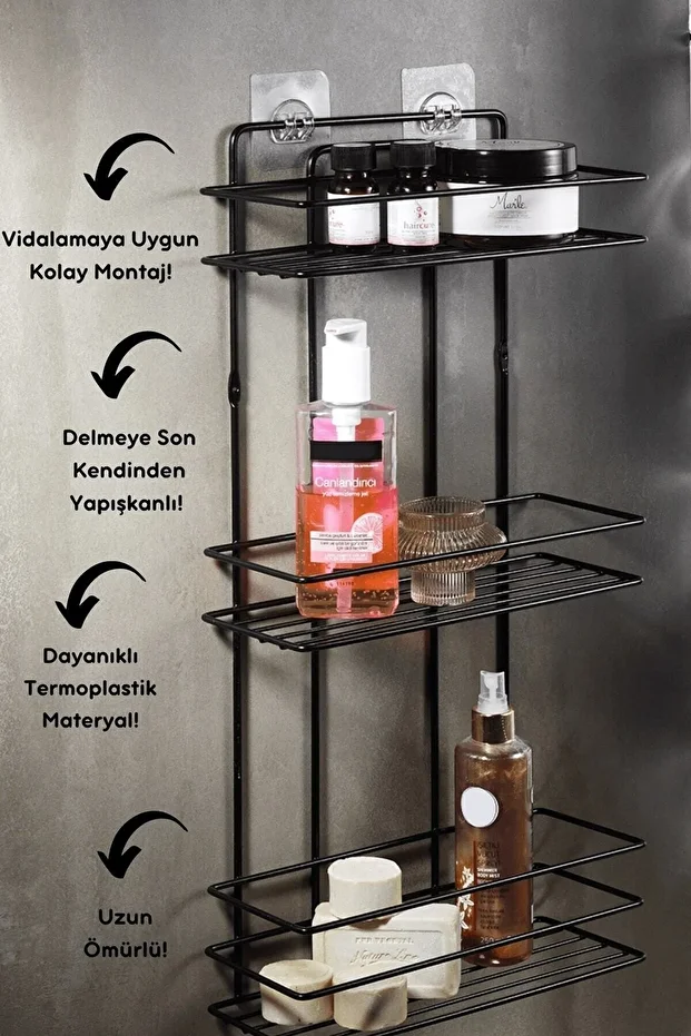 3 Katlı Siyah Yapışkanlı Banyo Rafı, Şampuanlık Duş Düzenleyici, Paslanmaz Metal Banyo Duvar Askısı - 4