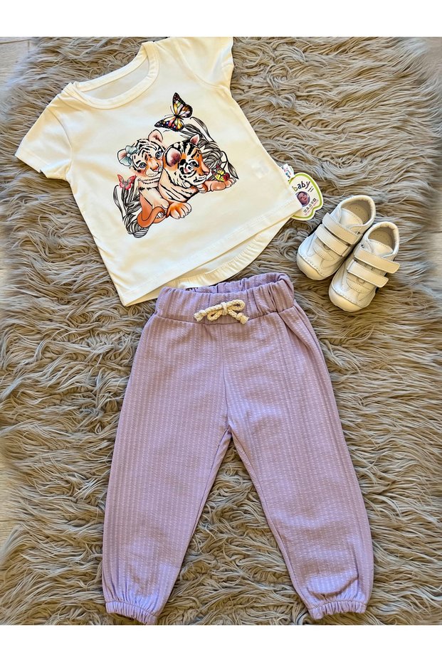 Gofre fabric trousers tunic girls summer 2-piece set