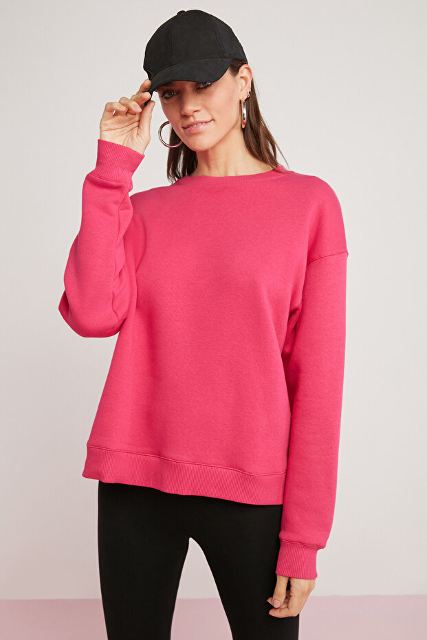 Alfreda Women's Cotton Fleece Soft Round Neck Comfort Fit Basic Pink Sweatshirt