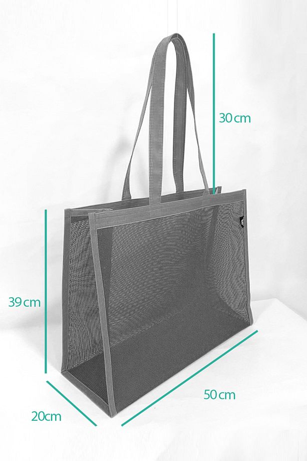 Kadın File Plaj Çantası Gri Renk Yüksek Kaliteli File Kumaş 39x50 Cm Geniş Hacimli Plaj Çantası - 6