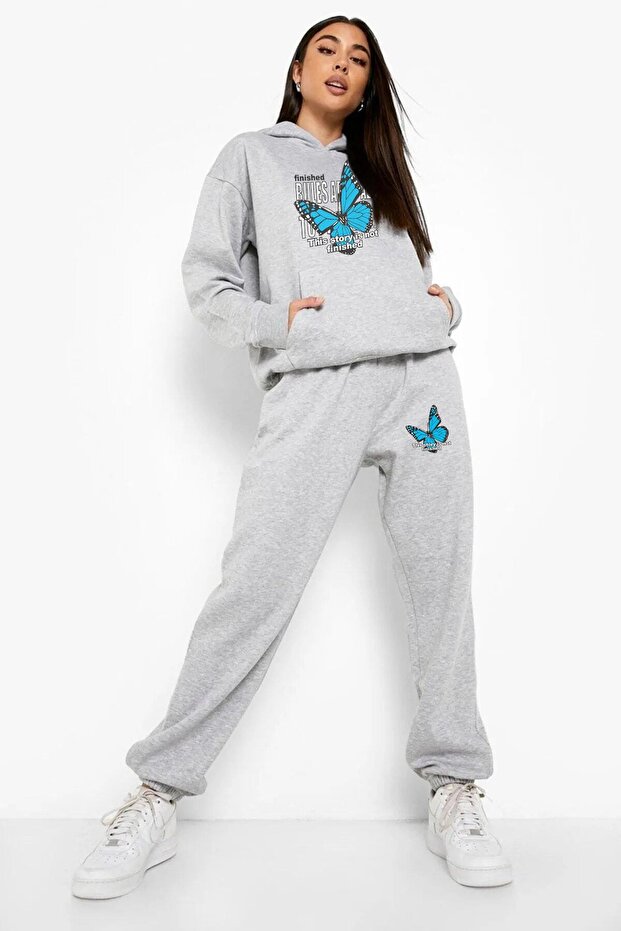 Women's Blue Butterfly Printed Sweatshirt and Sweatpants Set
