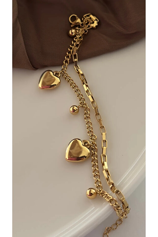 - LV Model Curved Heart Double Chain Steel Bracelet [17+4 CM]