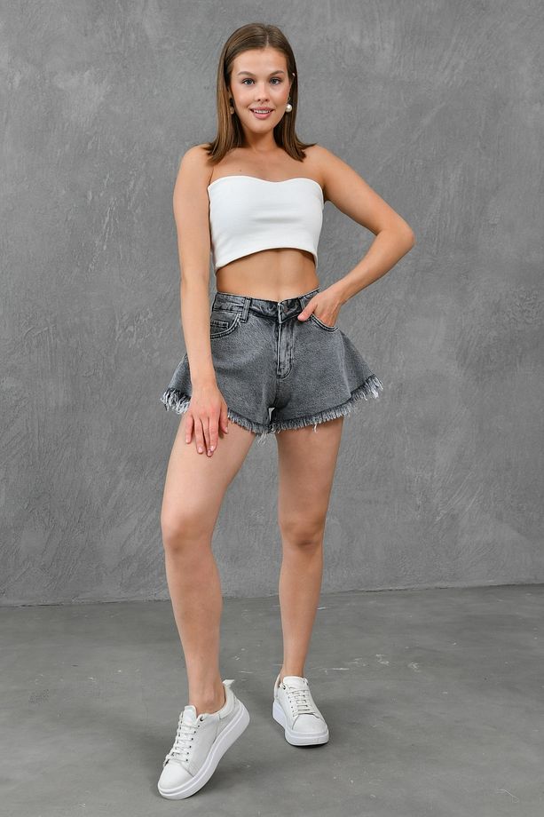 Kadın Paça Ucu Püsküllü Yüksek Bel Likrasız Volanlı Kesim Antresit Kot Şort Denim Şort 70361 - 7