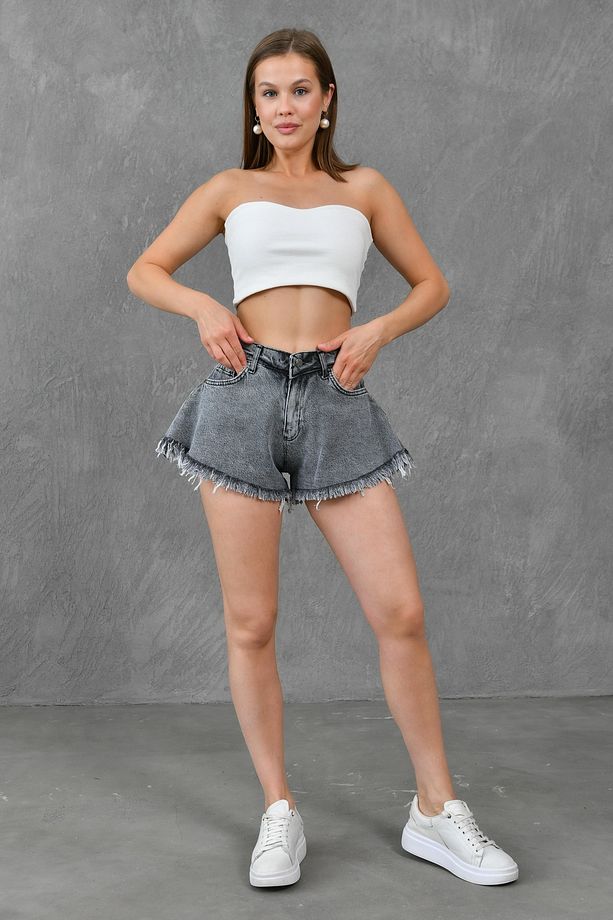Kadın Paça Ucu Püsküllü Yüksek Bel Likrasız Volanlı Kesim Antresit Kot Şort Denim Şort 70361 - 5