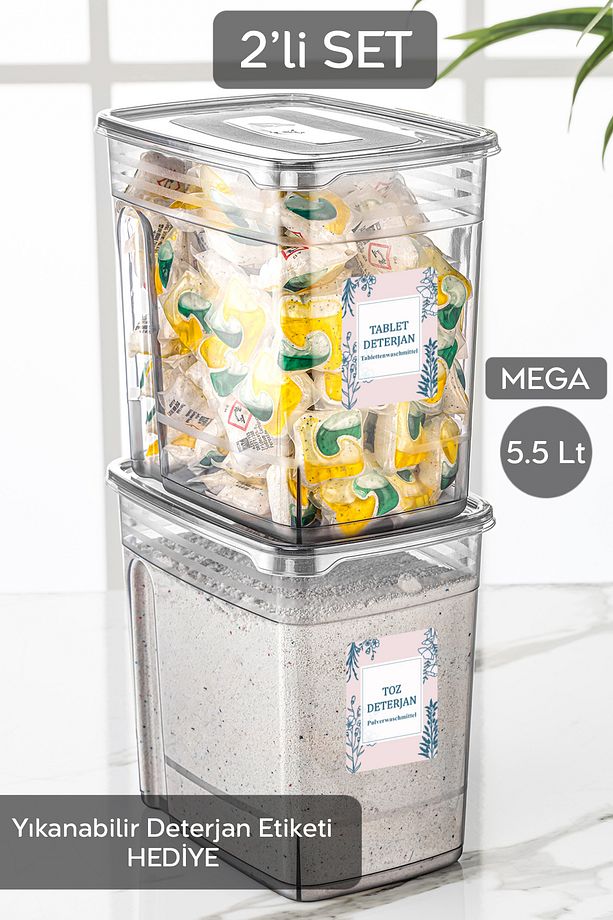 2'li Mega Etiketli Deterjan Saklama Kutusu Lena Pratik Kapaklı Tablet Deterjan Saklama Kabı 2x5,5 Lt - 1