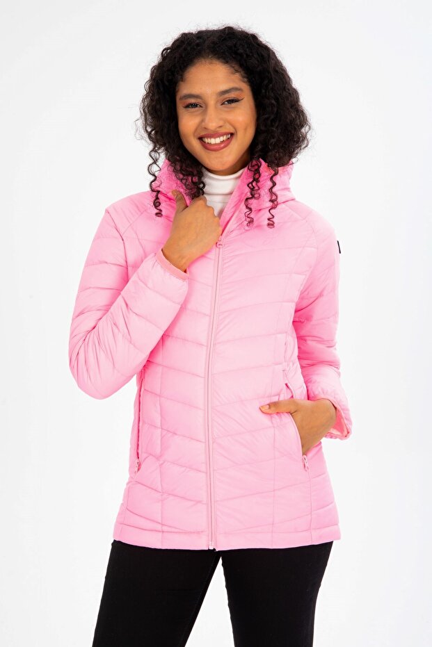 Women's Short Fixed Hood Padded Transitional Sports Puffer Coat 8722