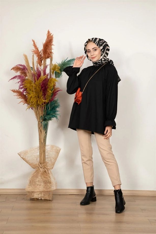 Kolu Volanlı Poplin Tunik Gömlek - 4