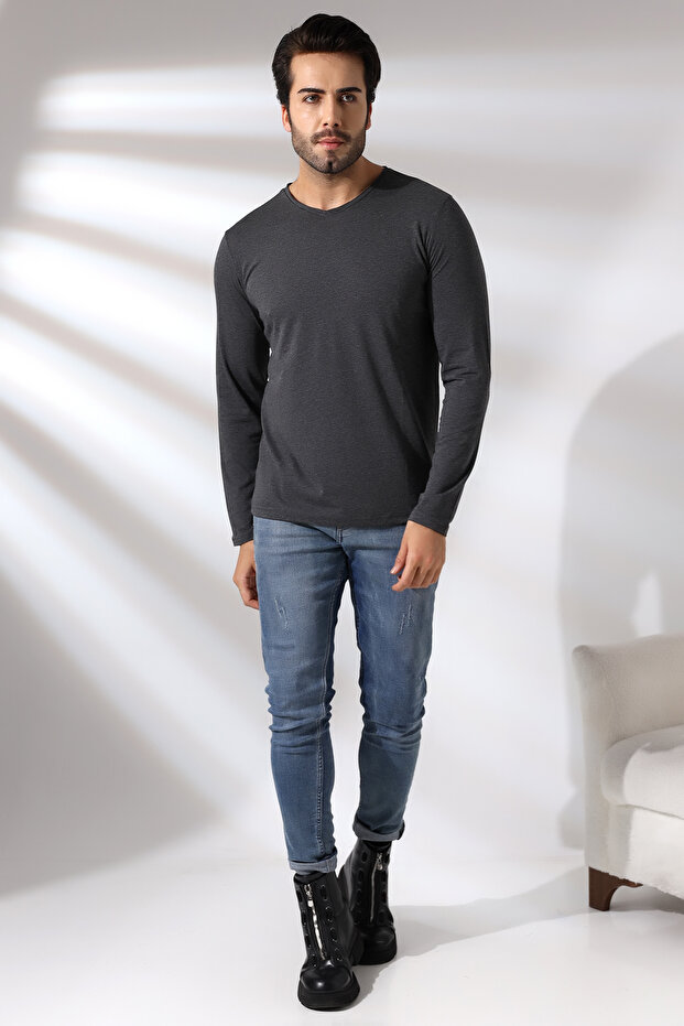 Compact Combed Cotton Lycra Regular Fit Long Sleeve Dummy V-neck T-shirt 19698 Dark Anthracitmelange