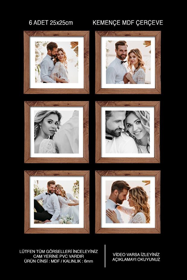 6 قطع إطار 25x25 - إطار مربع - إطار MDF - مجموعة إطارات صور متعددة
