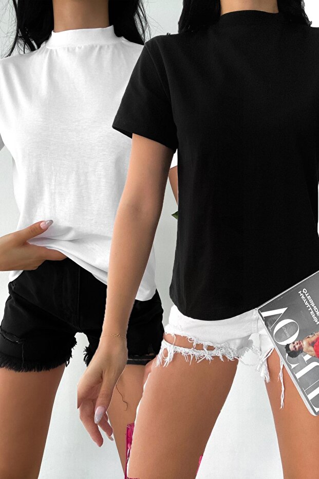Kadın Dik Yaka 2'li Paket Basic Örme T-shirt - 1