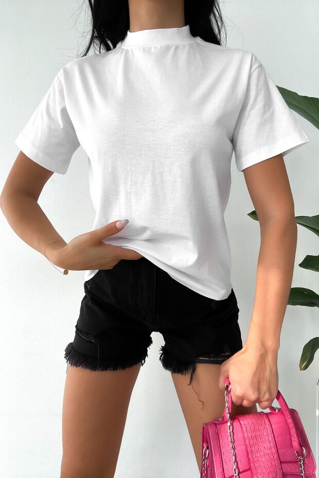 Kadın Dik Yaka 2'li Paket Basic Örme T-shirt - 2