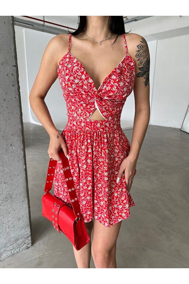 Women's Red Chest Detailed Thin Strap Above Knee Summer Mini Dress