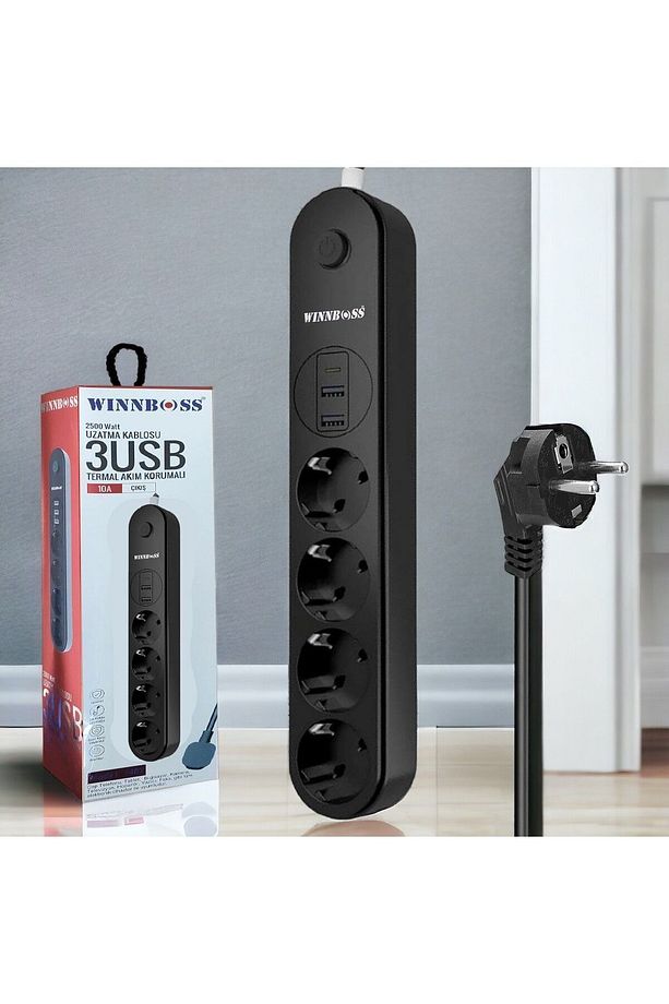 2 USB + 1 Type-C Girişli Uzatma Kablosu | 4 Priz | 2 Metre | Termal Korumalı - 2