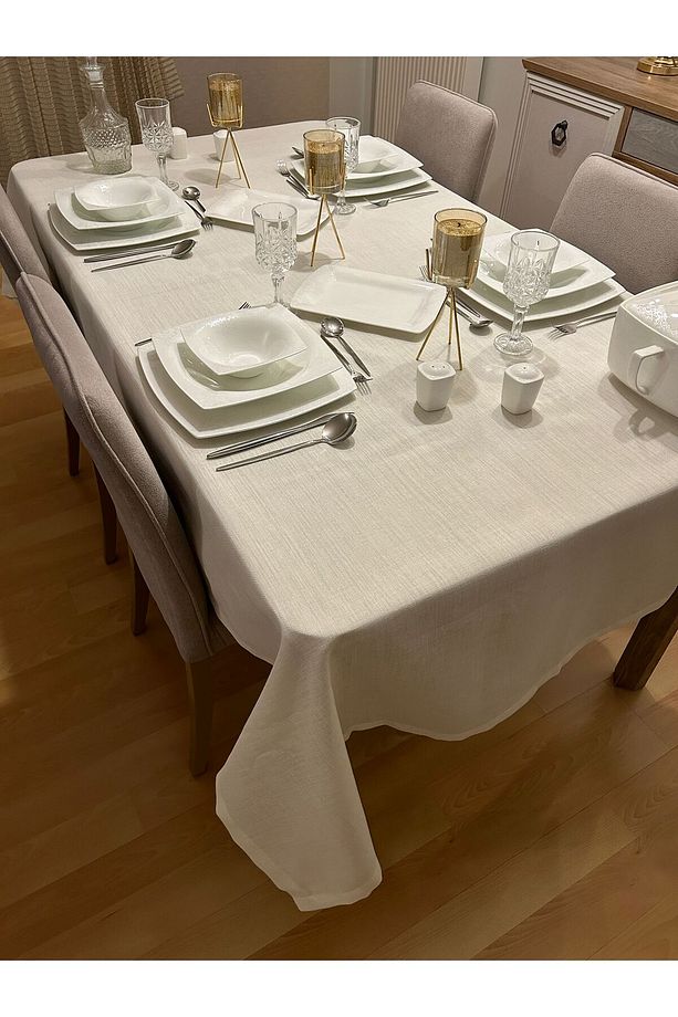 Meral Kurşun Collection Polyester Keten Dertsiz Masa Örtüsü Krem - 3