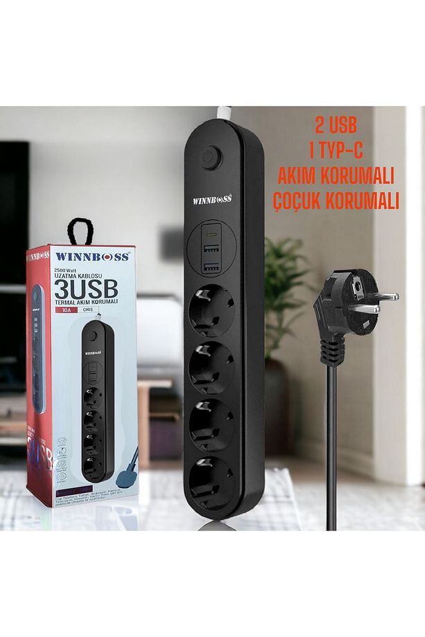 2 USB + 1 Type-C Girişli Uzatma Kablosu | 4 Priz | 2 Metre | Termal Korumalı - 3