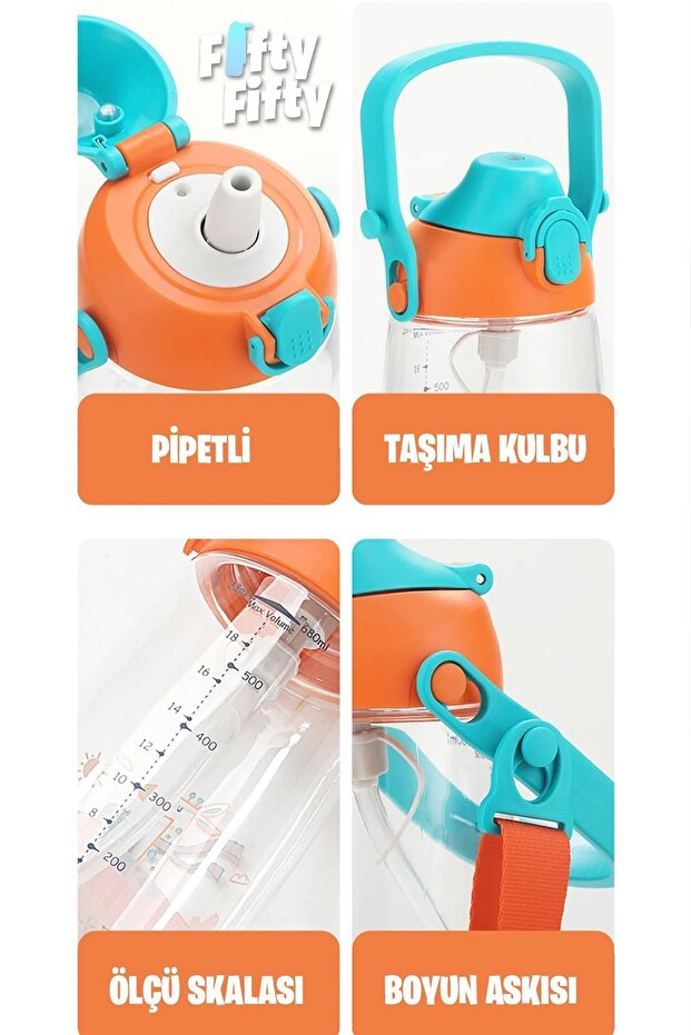 Pipetli 680 Ml Boyun Askılı Tritan Çocuk Su Matarası -Kutulu- FFUZ2202680 - 5